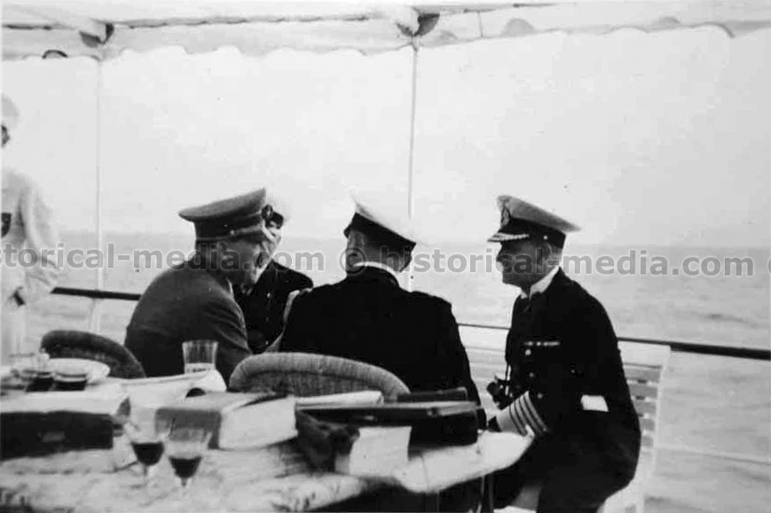 Adolf Hitler aboard the ’Nixe’ on the terrain of the Olympic sailing regatta on the Kiel Fjord